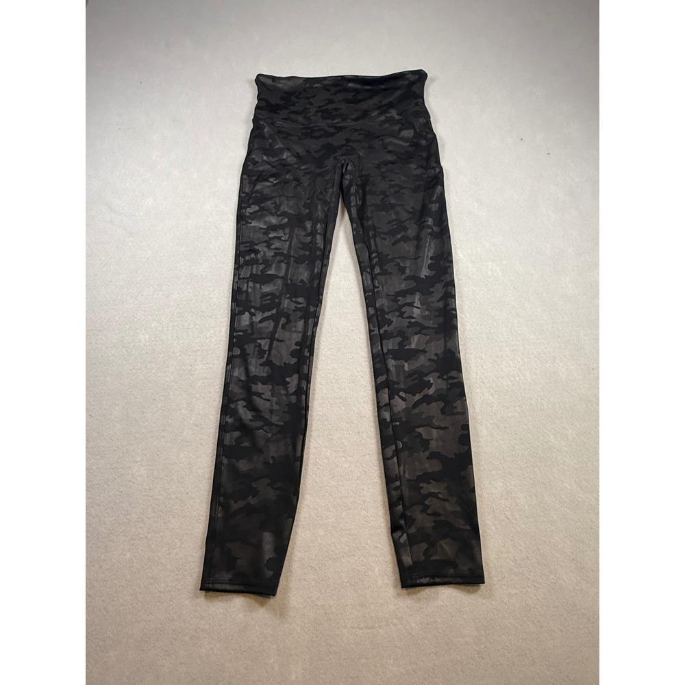 Spanx Faux Leather Camo Leggings Black Tonal Camouflage High Rise Large L/G
